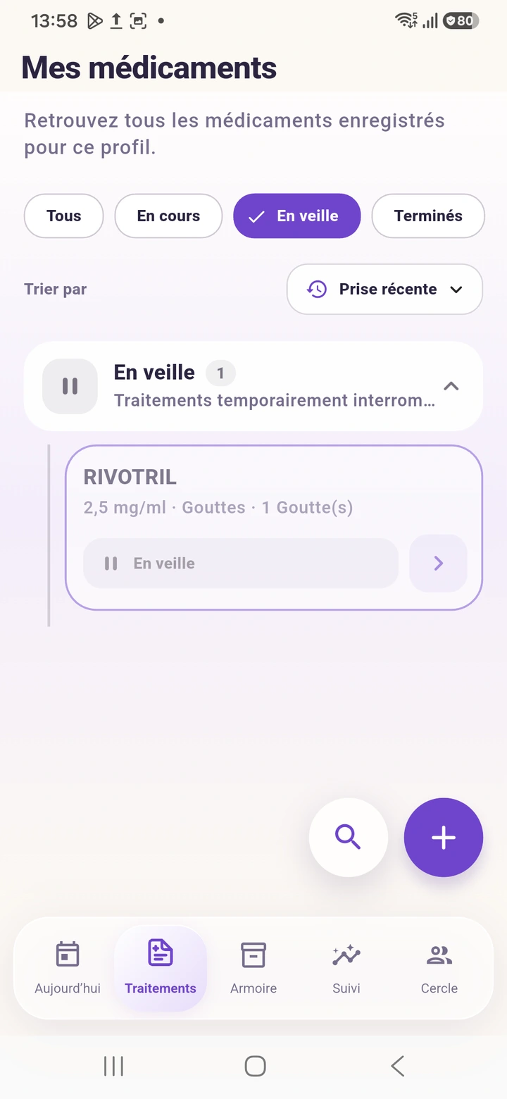 Traitement affiché en veille dans l’application
