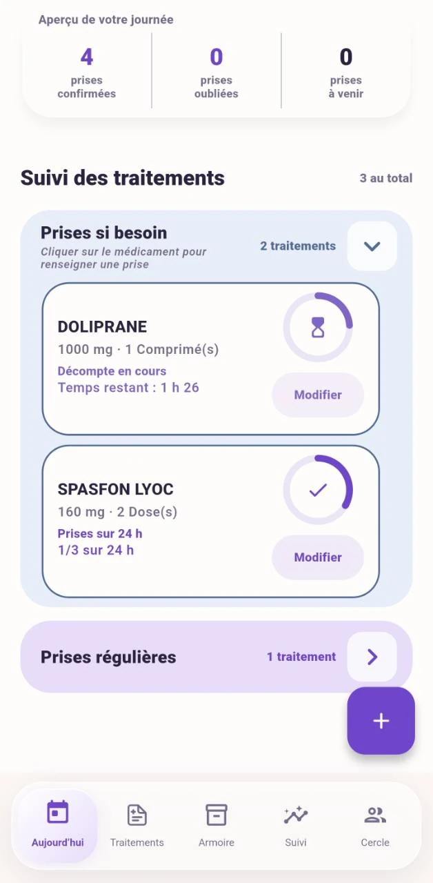 Deux traitements si besoin : Doliprane avec un décompte en cours et Spasfon Lyoc avec un compteur sur 24 heures